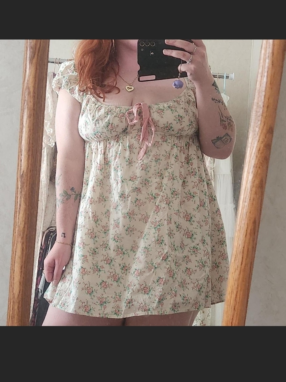 Altar'd State Cream Floral Empire-Waist Babydoll Dress with Pink Tie
